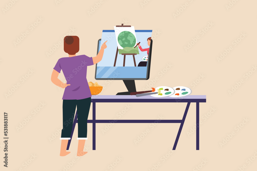 Happy woman painting on computer by online. Virtually concept. Flat vector illustration. 