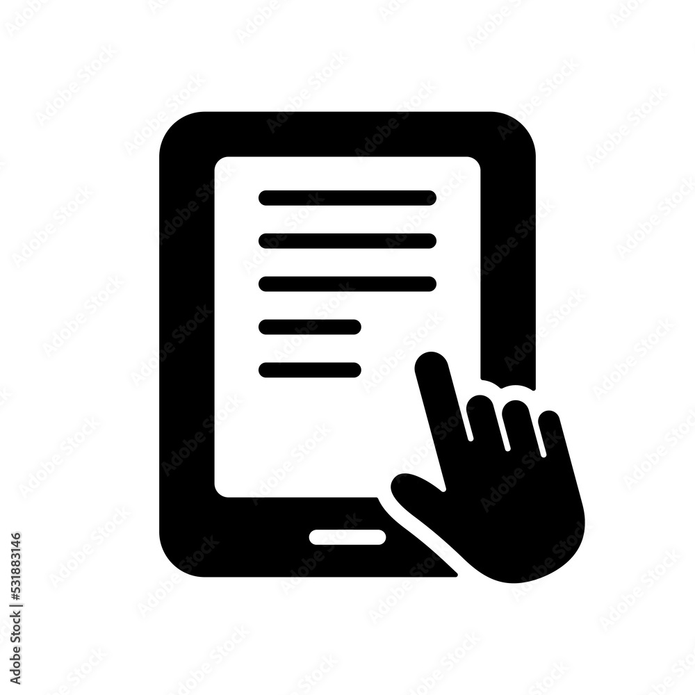 Ebook Silhouette Icon with Mouse Pointer. Electronic Book Device for Education and Learning. E-book Reader, E-reader Black Icon. Pc Tablet pictogram. Vector Isolated Illustration Ebook Silhouette Icon with Mouse Pointer. Electronic Book Device for Education and Learning. E-book Reader, E-reader Black Icon. Pc Tablet pictogram. Vector Isolated Illustration