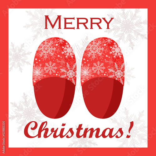 Red slippers with snowflakes. Christmas greeting card. Text box.