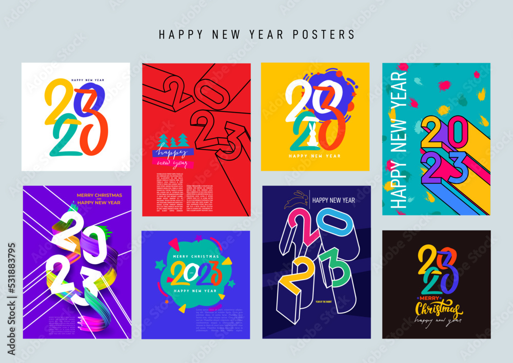 Big set of creative concept of 2023 Happy New Year. Minimalist templates with typography logo 2023 for celebration and season decoration. Design vector trendy for branding, poster, cover, card, banner