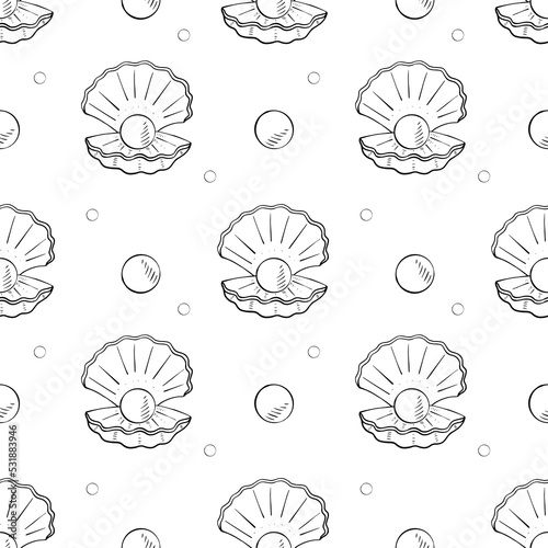 Sea shells with pearl, seamless pattern, on a white background. Linear drawing.