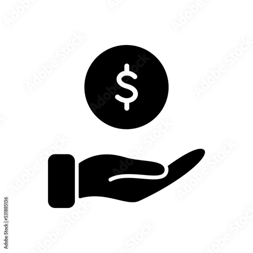 Hand with Dollar Coin Silhouette icon. Charity and Donation Concept. Financial Help for Needy. Sponsorship Supporter Black Icon. Vector illustration