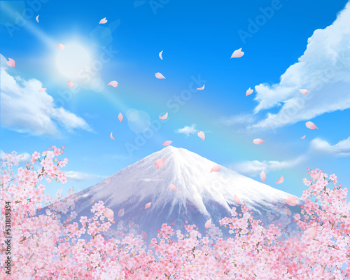 美しく華やかな桜の花と花びら舞い散る光差し込む青空ー虹ー富士山の映えるフレーム背景素材イラスト
