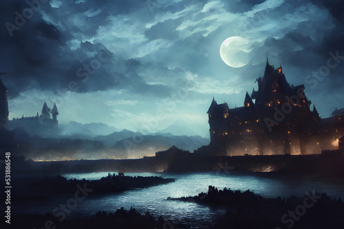 A mighty castle in the moonlight. 