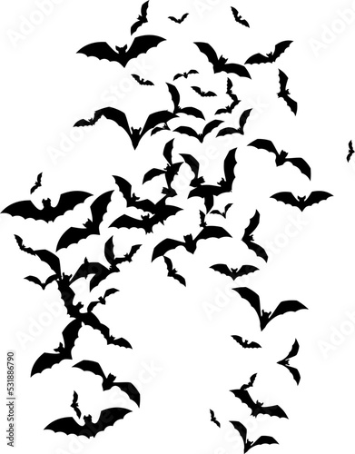 Bat swarm. Flying bat silhouette. Halloween Decoration element.