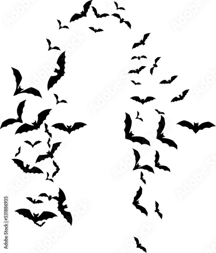 Bat swarm. Flying bat silhouette. Halloween Decoration element.
