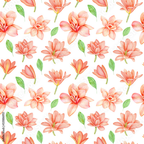 Magnolia watercolor coral flowers seamless pattern. Floral ornament on white background