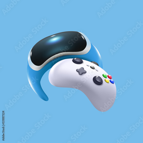 Blue virtual reality console gaming device headset and controller 3d cute vector illustration