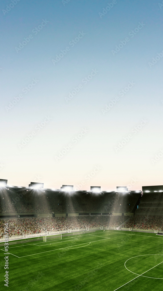 Empty large football field with flashlights and sunny cloudy sky background. Stadium with filled stands with sports soccer fans. - obrazy, fototapety, plakaty 