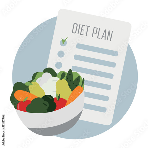 Nutritionist concept. Vegetables and fruits plate and Diet plan. Nutrition therapy with healthy food.