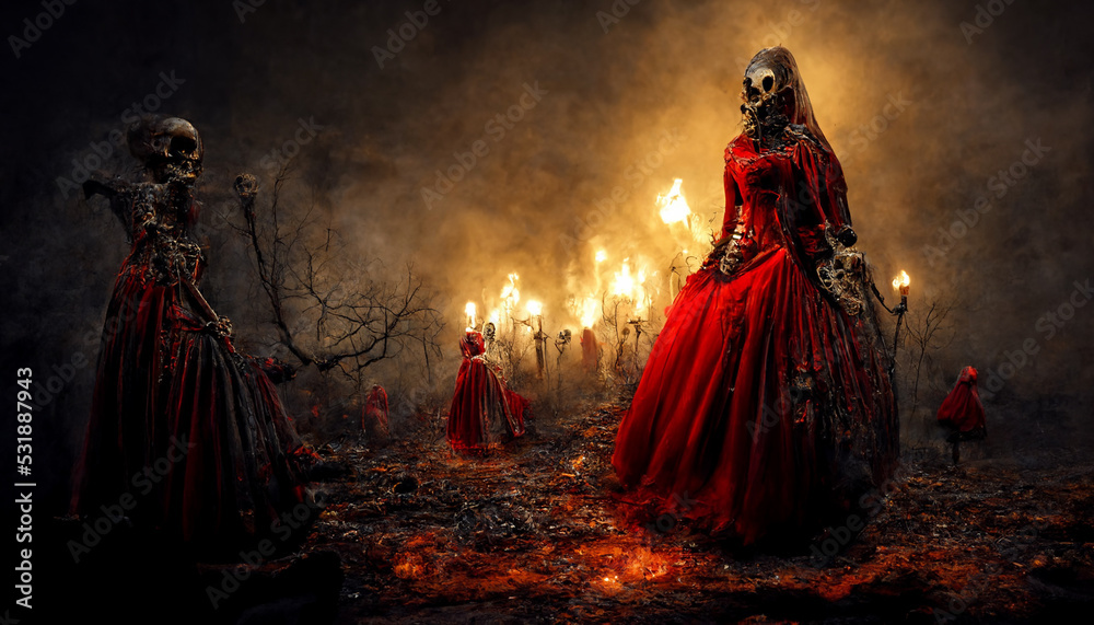 Scary ghost woman in the night with torches. Digital art Scary ghost woman in the night with torches. Digital art