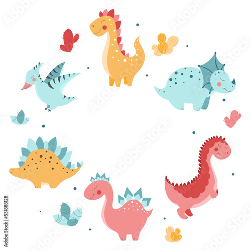 Background with cute dinosaurs  cute dinosaurs in flat style  vector pattern with dinosaurs  cacti