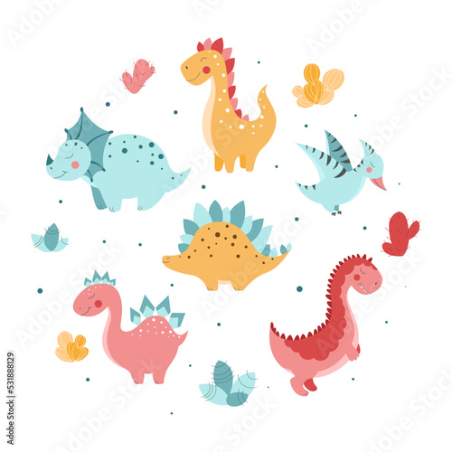 Background with cute dinosaurs  cute dinosaurs in flat style  vector pattern with dinosaurs  cacti