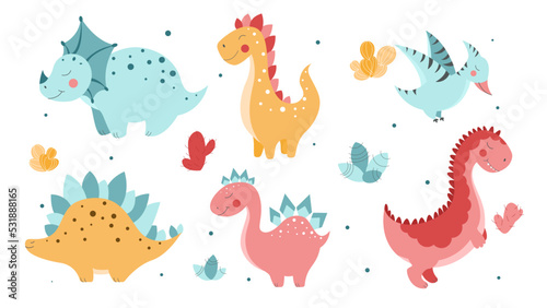 Set of cute dinosaurs  cute vector dinosaur illustrations  set of cartoon dinosaurs on white background  set of cartoon cacti  cute mountains