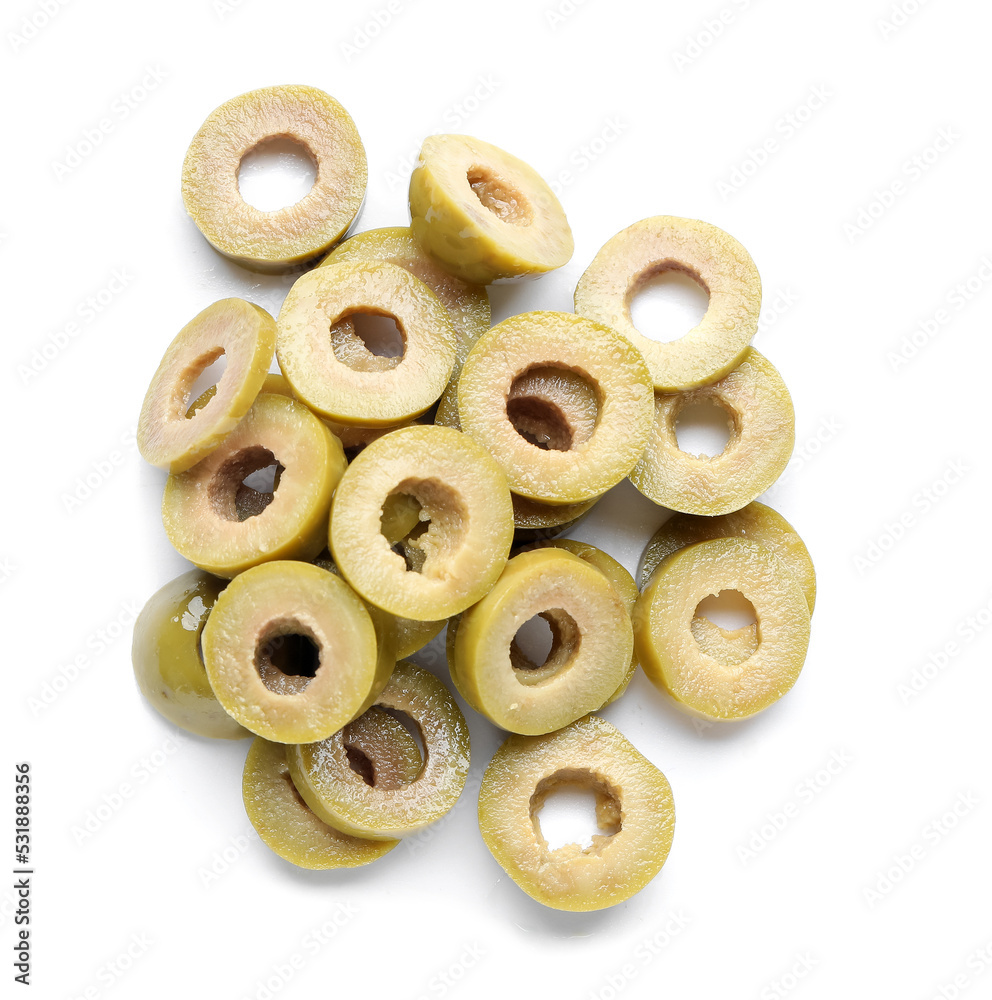 Slices of delicious green olives on white background