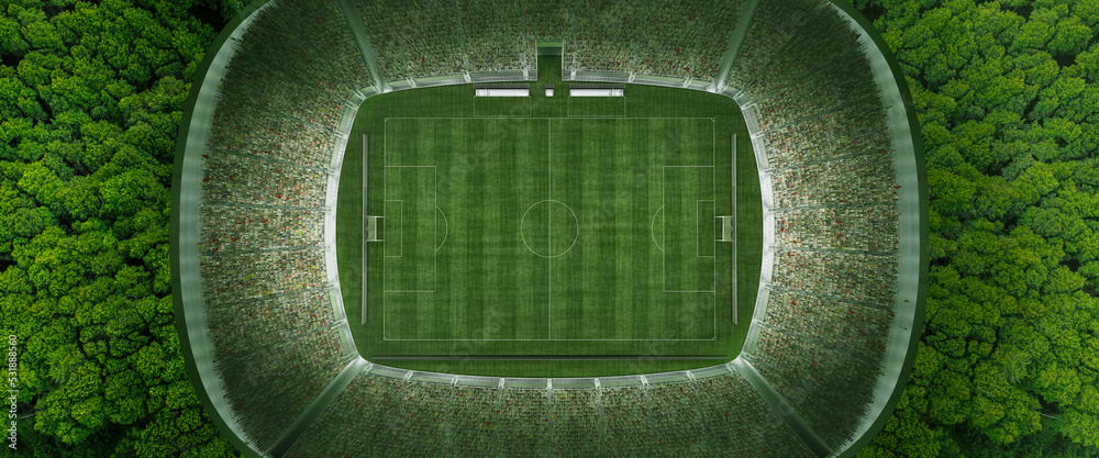 Leinwandbild Motiv - master1305 : Aerial view. Concept of sport, competition, winning, action. Empty area for championships, football field. Total green. Soccer stadium among dense forest