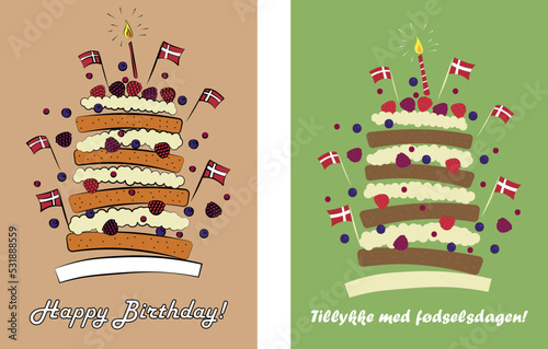 Birthday invitation card with danish layer cake. Lagkage with danish flag. Tillykke med fødselsdagen. Happy birthday gift card. Isolated layer cake vector illustration.