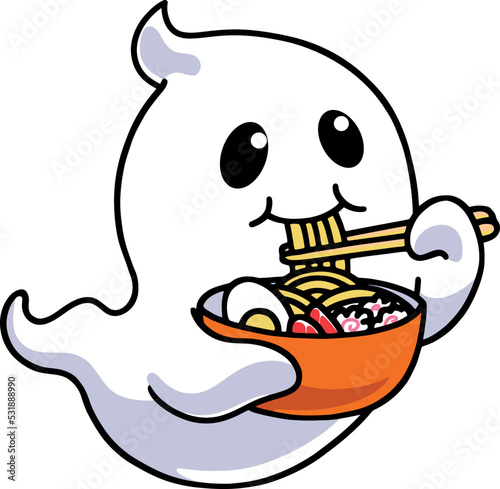 Vector illustration of a cute cartoon ghost eating ramen  isolated on a white background