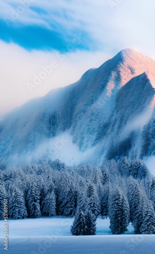 Photography Vertical shot of beautiful snowy white mountains and trees under a clear sky
