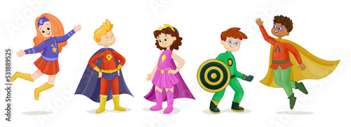 Set of kids in superhero costumes. Cute preschool boys and girls dressed as comic book characters with super powers. Uniform for parties and holidays. Cartoon flat vector collection isolated on white