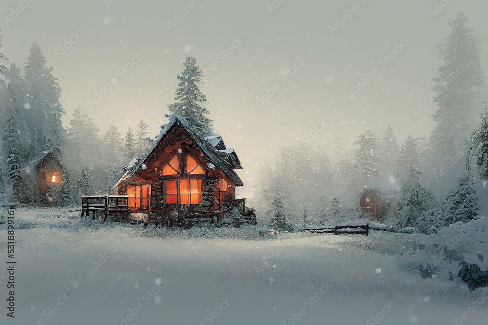 Cabin in winter forest with warm lights in the windows, digital illustration Cabin in winter forest with warm lights in the windows, digital illustration
