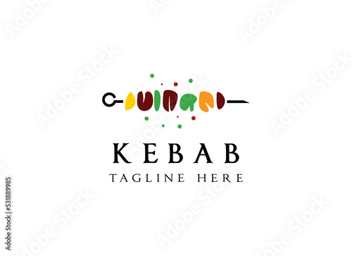 Shish kebab logo design. Meat skewer with vegetable vector design. Grilled meat skewers logotype