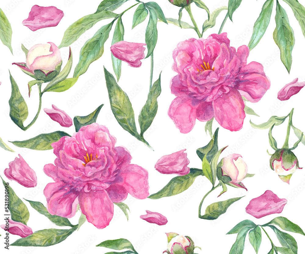 seamless pattern with peonies flowers and leaves. Hand drawn, botanical flora for decoration, wedding invitation, seamless pattern with peonies flowers and leaves. Hand drawn, botanical flora for decoration, wedding invitation,