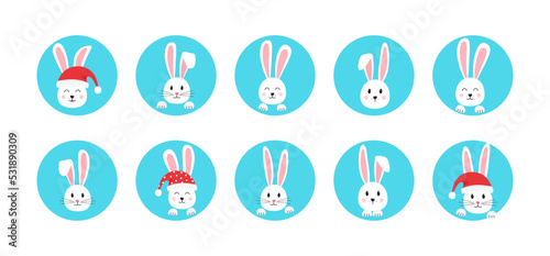 Christmas rabbit vector circle icon, bunny in Santa Claus red hat. Symbol New Year 2023. Fun animal holiday illustration
