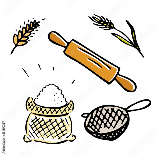 Set of Bread wheat flour bag or sack, hand drawn doodle style vector illustration isolated on white background. Cooking and baking flour or meal, food ingredient.