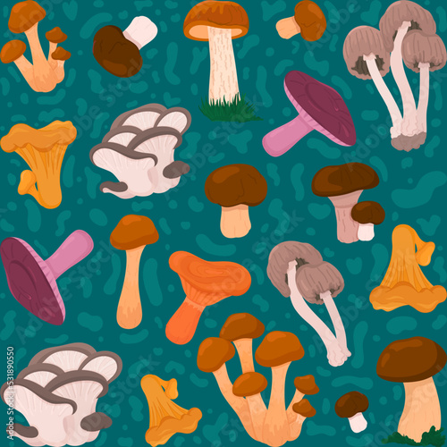 Pattern of different mushrooms on blue background.