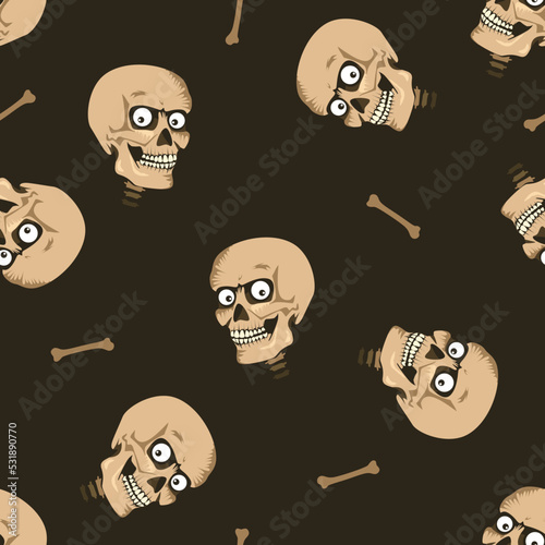Funny cartoon skulls and bones on dark background seamless pattern. Vector illustration.