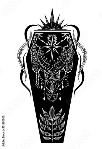 Icon of mystical objects, moon, coffin, crystals, planets. Astrology doodle style. Esoteric, boho mystical hand drawn elements. Magic and sorcery. vector illustration for halloween.Print for t-shirt.