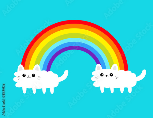 Cat cloud shape rainbow. White kitten set. Cute cartoon funny character. Valentines Day. Kawaii animal. Love Greeting card. LGBT flag sign symbol. Flat design. Blue sky background.