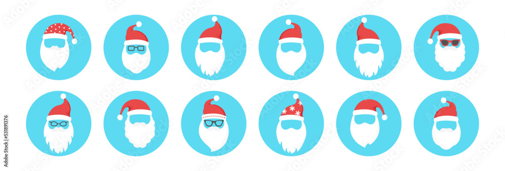 Santa Claus face circle icon, Christmas cartoon character vector, cute winter man with breard and hat on blue background. Holiday illustration Santa Claus face circle icon, Christmas cartoon character vector, cute winter man with breard and hat on blue background. Holiday illustration