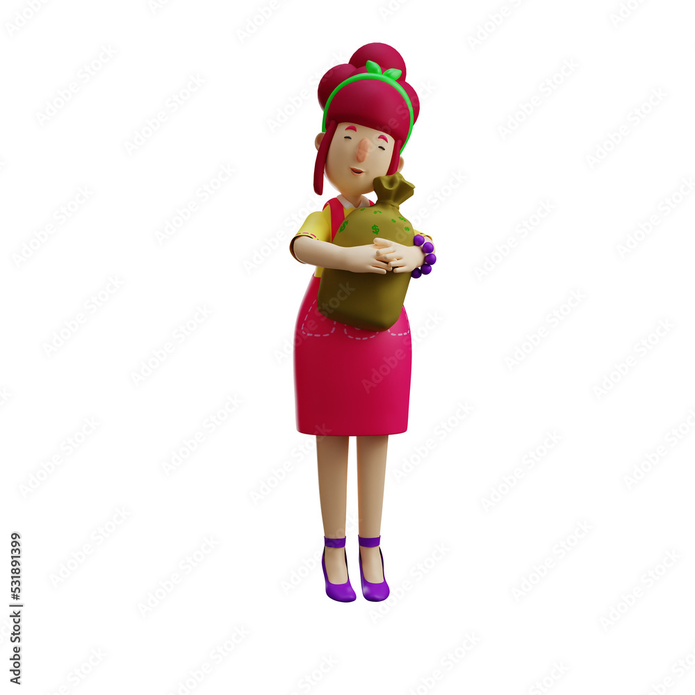  A Successful 3D Mother Cartoon Character hugging a sack of money