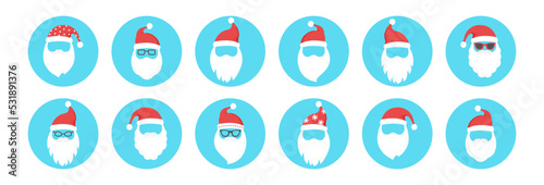 Santa Claus face circle icon, Christmas cartoon character vector, cute winter man with breard and hat on blue background. Holiday illustration