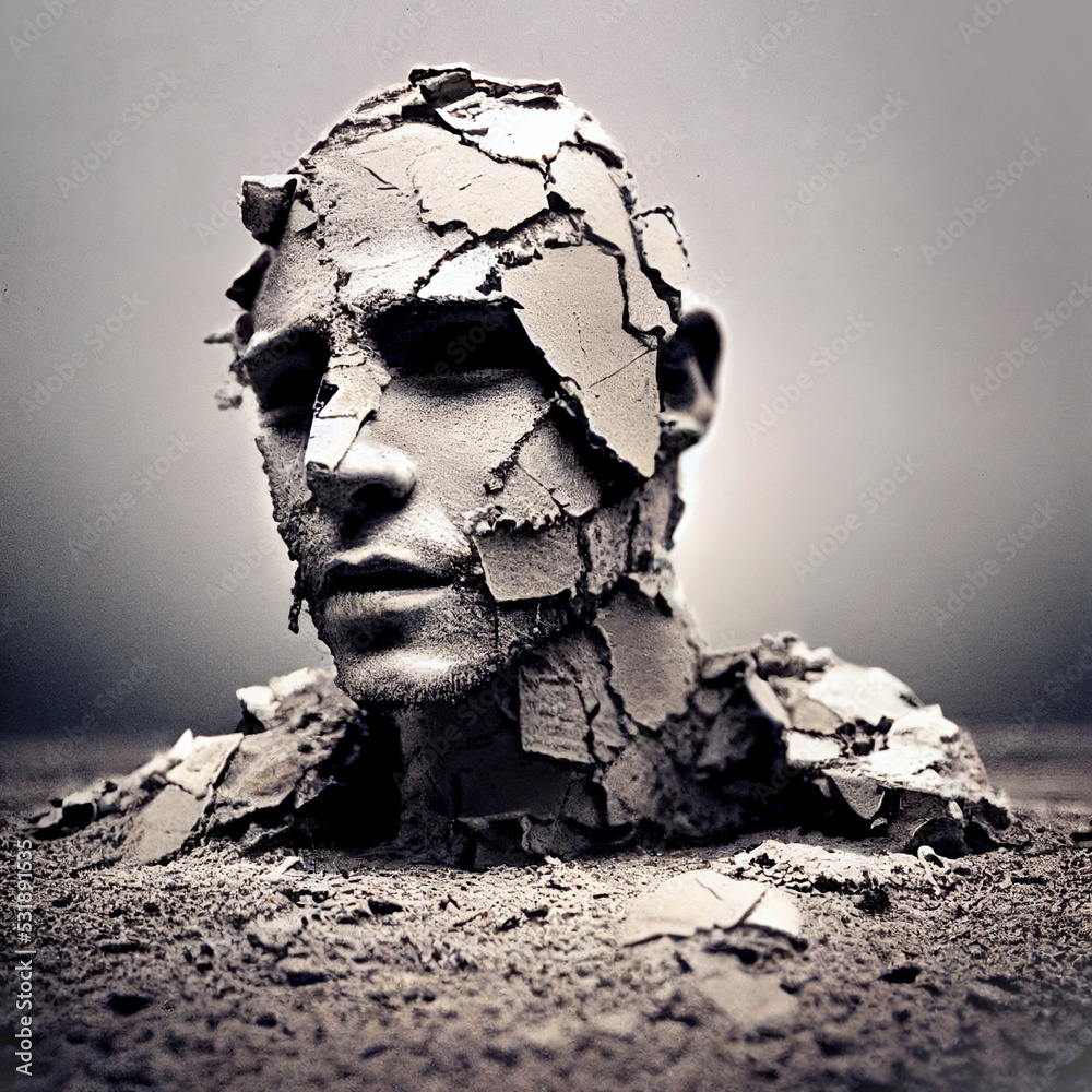 human head covered with splinters and dirt - obrazy, fototapety, plakaty 