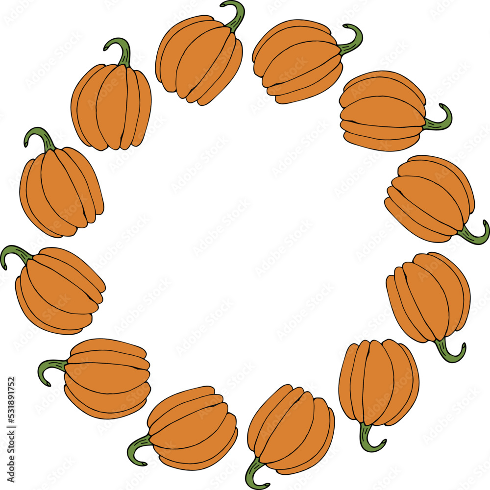 Round frame with stylish orange pumpkin on white background. Vector image.