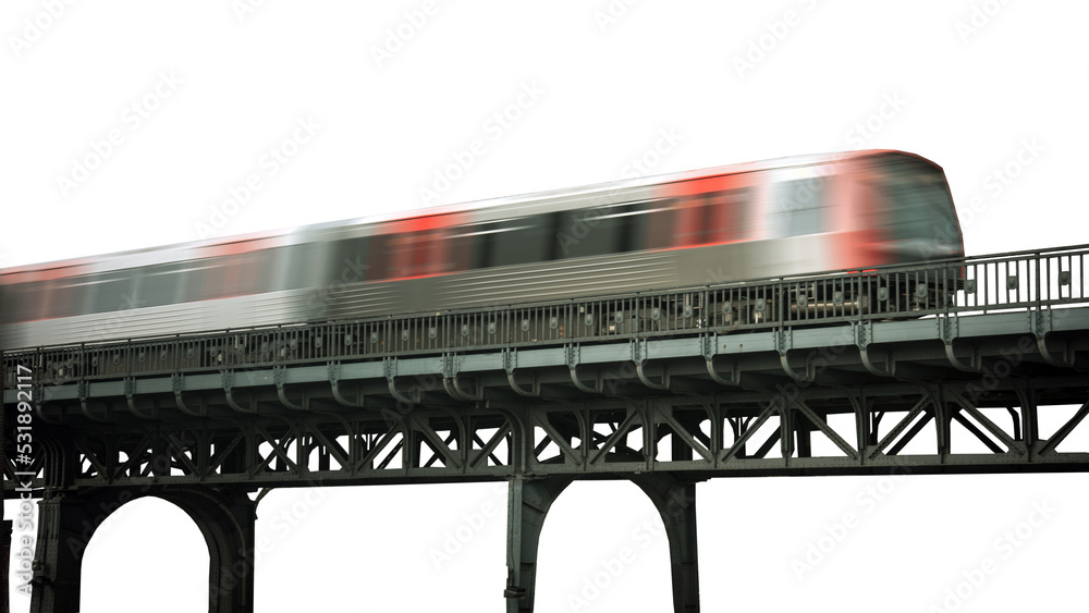 Hochbahn fährt auf Eisenbahnbrücke - obrazy, fototapety, plakaty 