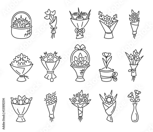 bouquets. flowers collection in linear style. Vector various bouquets set