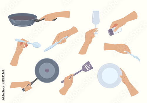 holding utensils. kitchen tools in hands knives spoon dishes and plates forks. Vector cartoon illustrations