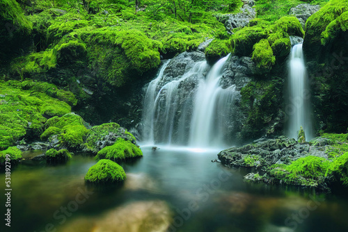 Waterfall with rocks and green moss