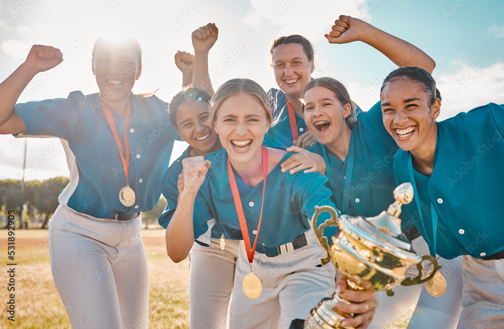 Poster Print Winner success and trophy with women baseball team in celebration at park field for sports teamwork and champion 40x26.7 cm