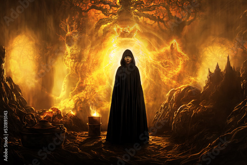 A dark magician summoning spirits in his cave. Realistic digital illustration. Fantastic Background. Concept Art. CG Artwork.