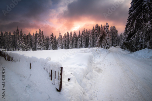 Cold winter and beautiful snow. Buried roads in Podhale, near the Tatra Mountains, Poland.Mroźna zima i piękny śnieg. Zasypane drogi na podhalu, pod Tatrami, Polska. 