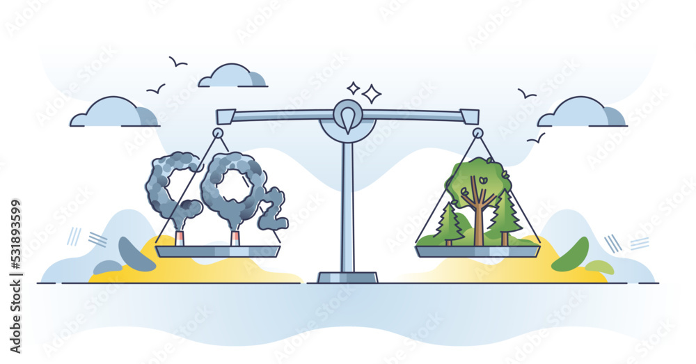 Carbon neutrality and equal CO2 emission balance with nature outline concept. Greenhouse dioxide gases on scales with trees and forests that observes pollution for climate harmony vector illustration. - obrazy, fototapety, plakaty 