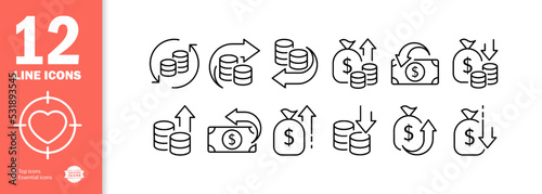 Money set icon. Coins, income, salary, arrows, database, bag, cash, dollar bill, spending, expense, banking, deposit, loan. Financial management concept. Vector line icon for Business and Advertising