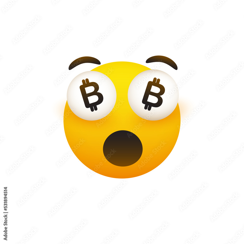 Obraz premium I've Become Rich - Funny Smiling Emoji with Open Mouth and Bitcoin Signs in Pop Out Eyes - Simple Happy Emoticon on Transparent Background