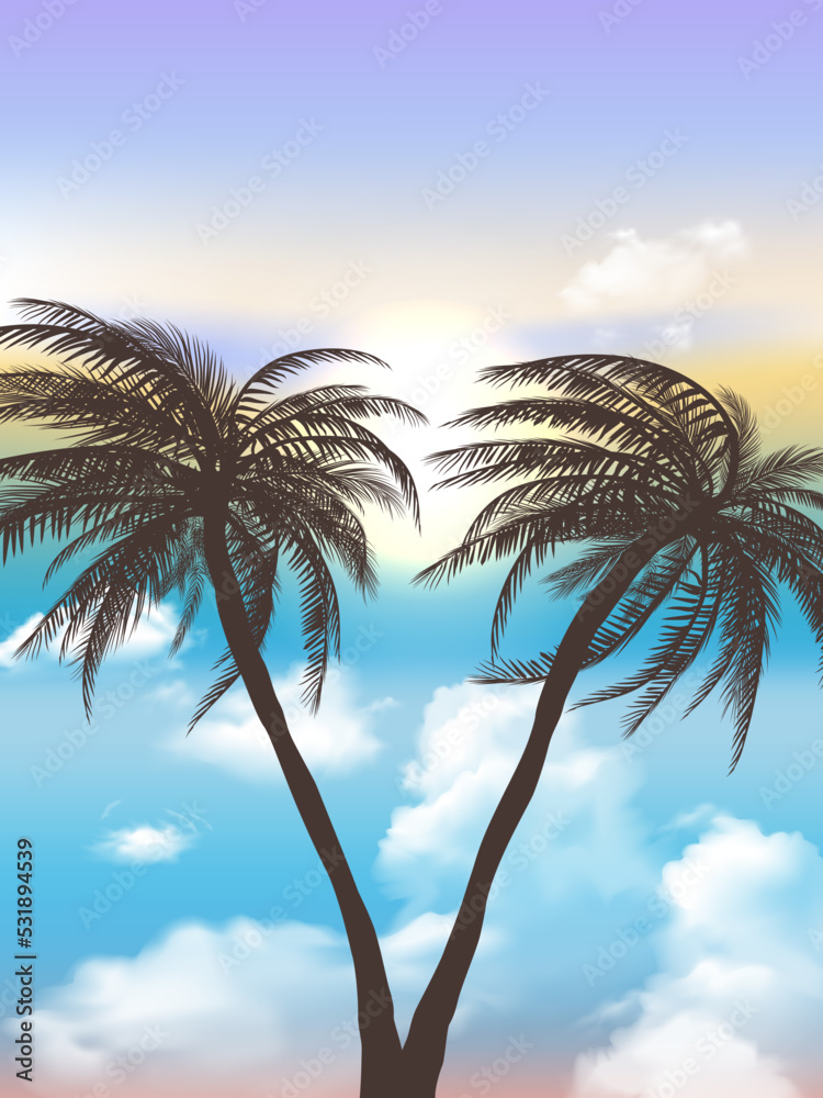 Row of tropic palm trees against sunset sky. Silhouette of tall palm trees. Tropic evening landscape. Gradient color. Vector illustration. EPS 10