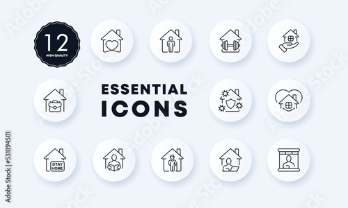 Home life set icon. Heart, stay, sport, barbell, briefcase, remote work, virus protection, read book, courier, laptop, quarantine, incubation period. Domesticity concept. Neomorphism. Vector line icon